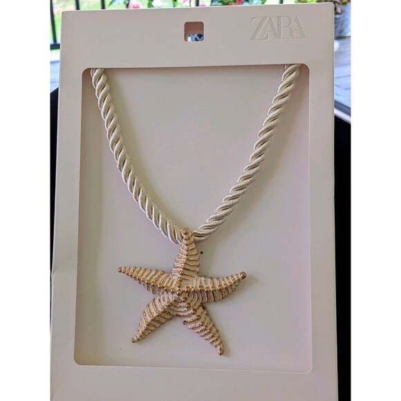 ZARA Women's Gold Textured Starfish Ivory Cord 20" Statement Necklace Coastal - Picture 9 of 12